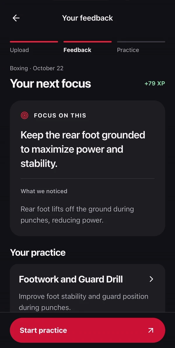Actual FightAI feedback: keep the rear foot grounded, with a Footwork and Guard Drill to practice.