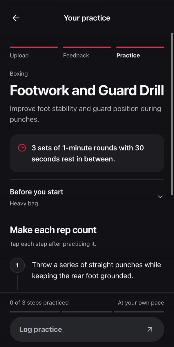Real FightAI practice screen showing the Footwork and Guard Drill and how to perform it.